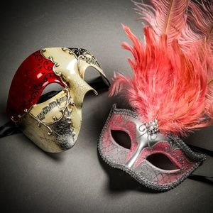Musical Red Gold & Pink Tall Feather Couple Masks